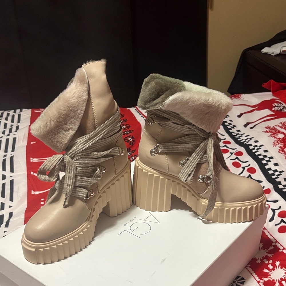 AGL Beige Lace Up Platform Boots